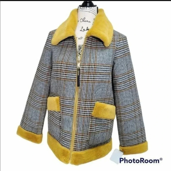 Juicy Couture Black Label  Hounds tooth Plaid Jacket Faux Fur trim - Picture 1 of 15